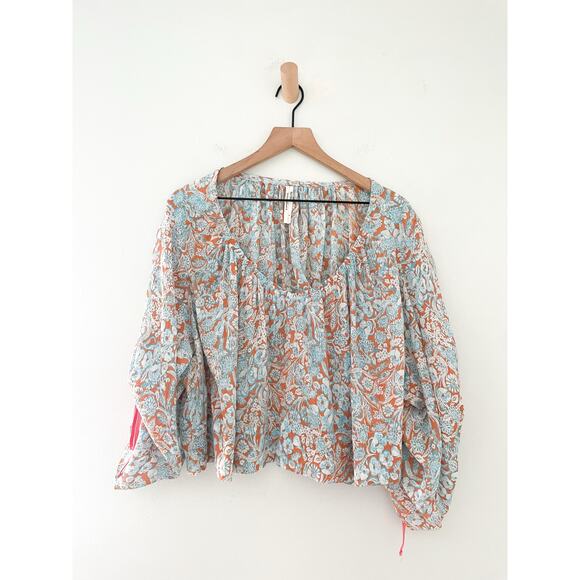 Anthropologie Floral Shirred Top Oversized Bohemian Hippie Tie Long Sleeves - Picture 4 of 11